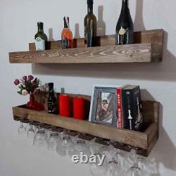 Wooden Wine Rack, Wall-mounted Wine Glass Holder, 16 Glasses 20 Bottles Capacity